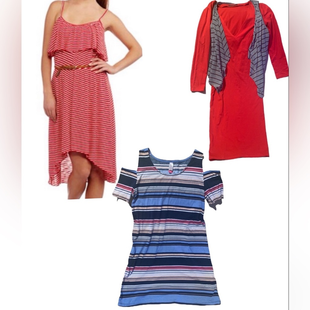 Lot of 3 cute casual dresses striped stretchy sz Large juniors 11/13 red blue